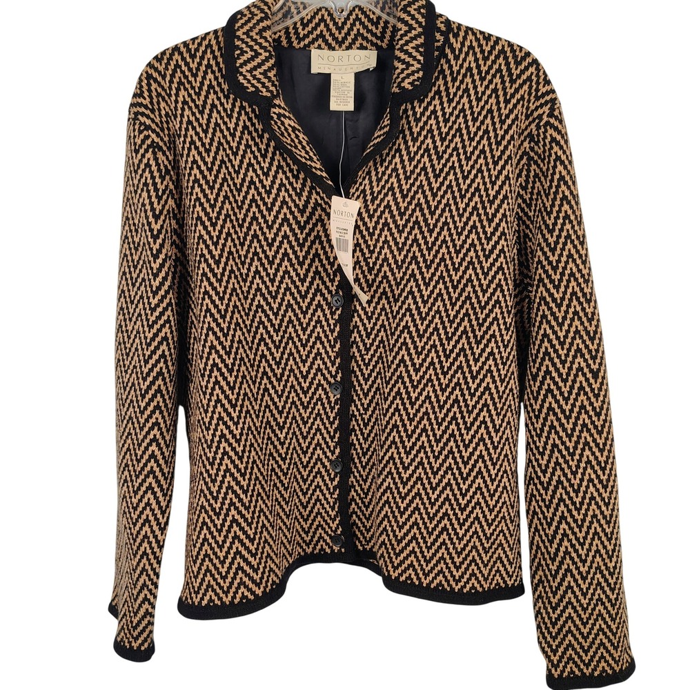 NWT Norton McNaughton Womens L Chevron Knit Cardigan Black Tan Wool Blend Preppy